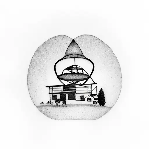 A Minimalist Ufo Hovering Over A Farm With Cows And A Guitar In The Background