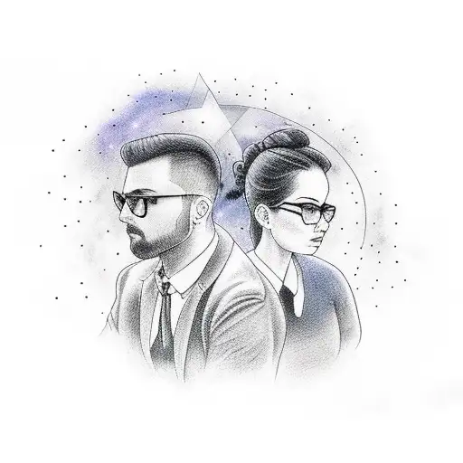 Two People Sitting Looking At A Starry Sky With A Star Highlighted