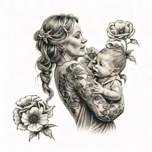 A Realistic Portrait Tattoo Of A Mother Holding Her Child With Daisies And Poppies In The Background