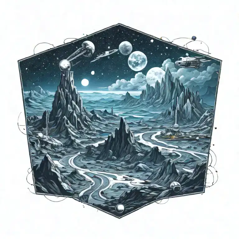 A Space Themed Landscape Inspired By Technology In Black And White With Only A Touch Of Color