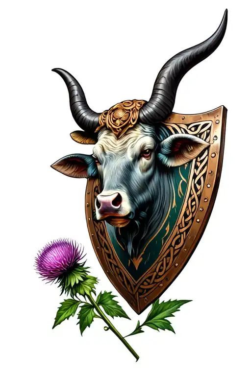 Celtic Shield With A Bull's Head On It Holding A Thistle Flower