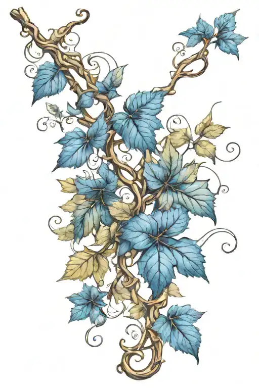 Long Vine Growing With Blue Leaves Intertwined