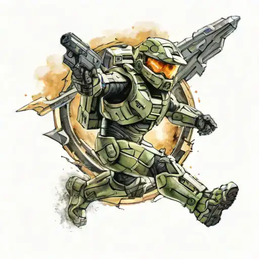 A Tattoo Of Master Chief From Halo Free Falling Through The Air With An Energy Sword