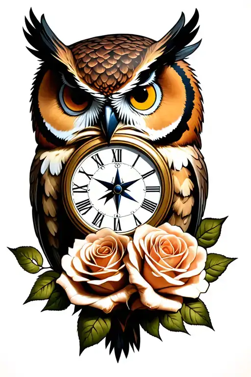 Owl Grasping Clock And Compass 2 Roses