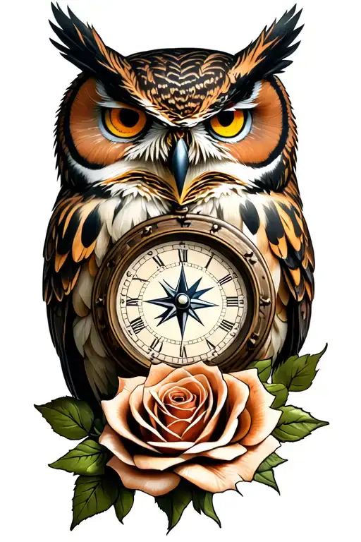 Owl Holding Clock And Compass 2 Roses