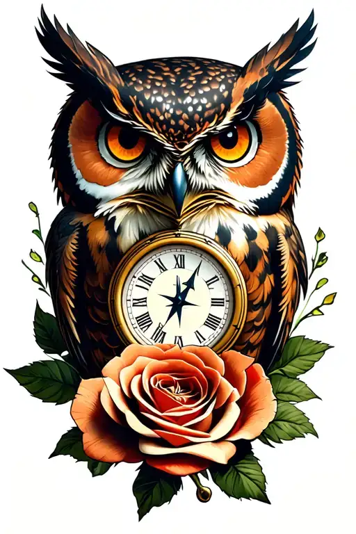 Owl On Top Clock And Compass 2 Roses