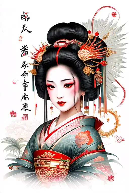 Geisha Tattoo Design Featuring Elements Like Dragon Oriental Theme Pagoda