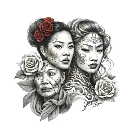 Girl Face Asia And Rose Intertwined Within