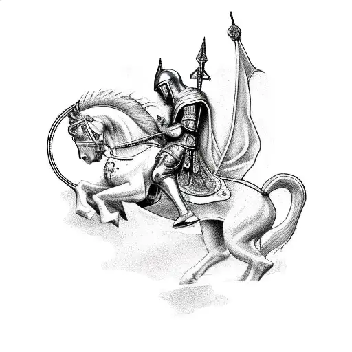 A Medieval Saint George Mouted In A White Horse Trying To Kill A Japanese Dragon