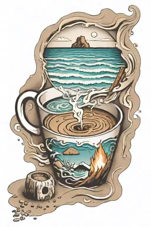 A Beach Scene With A Coffee Cup In The Sand And Waves Crashing Against A Campfire Pit