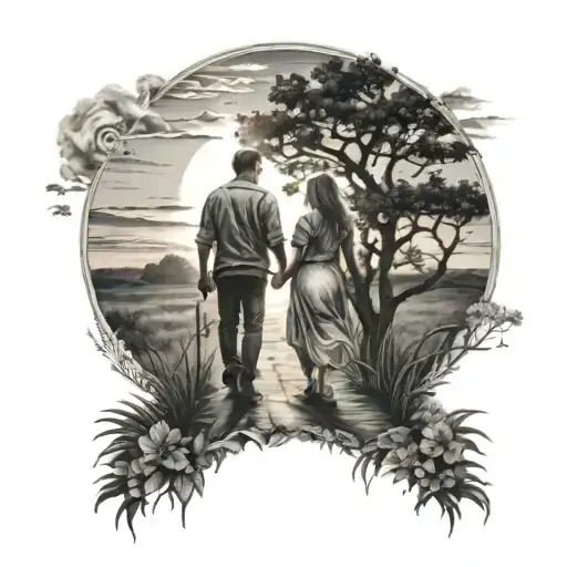 Couple Walk To Sun Setting Memorial