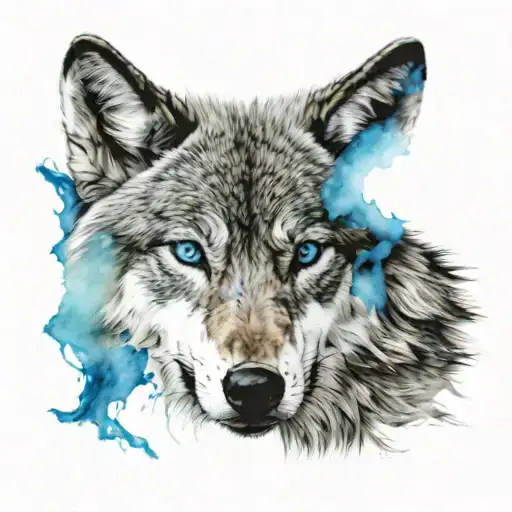 Tattoo Of A Wolf With Blue Eyes And A Scar Around His Eyes