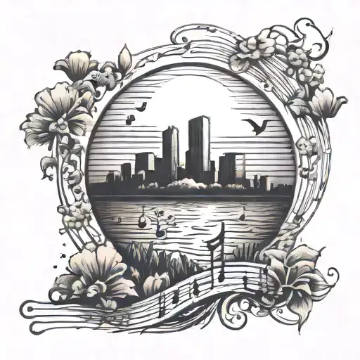 A Surreal Tattoo Of A Sun Setting Over A Landscape With Musical Notes Floating In The Sky