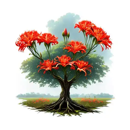 Poisonus Tree On A Field Filled With Red Spider Lily Flowers