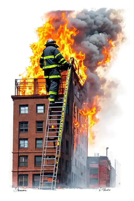 Firefighter Ladder Burning Building View