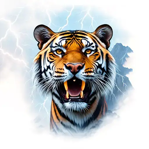 Tiger By Mountain Looking Up At Lightning Storm