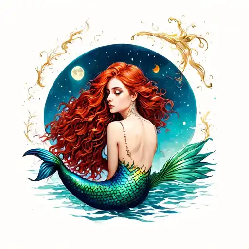 Red Hair Mermaid Moon Back