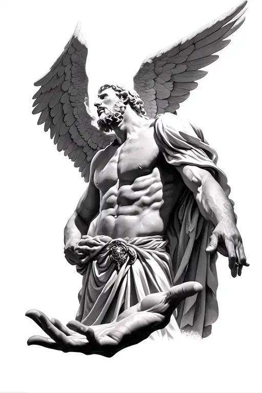 Black And White Male Archangel Looking Up Hands Out Sideways