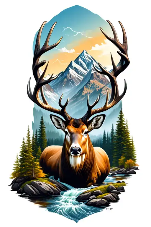 A Detailed Mountain Forest Landscape With Flowing River With Buck