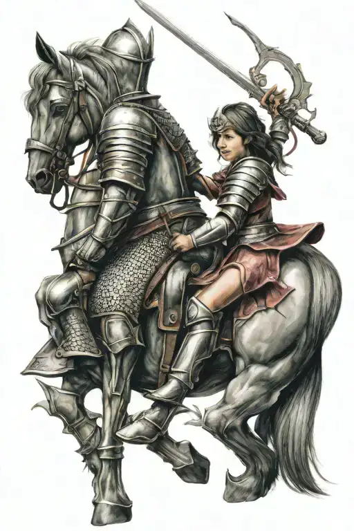 Female Knight With A Little Girl Back To Back