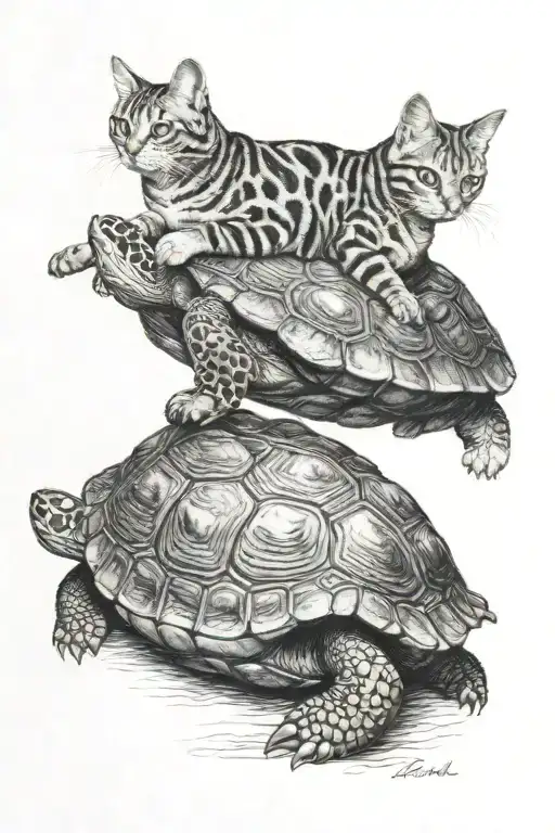 Cat Sitting On Turtle