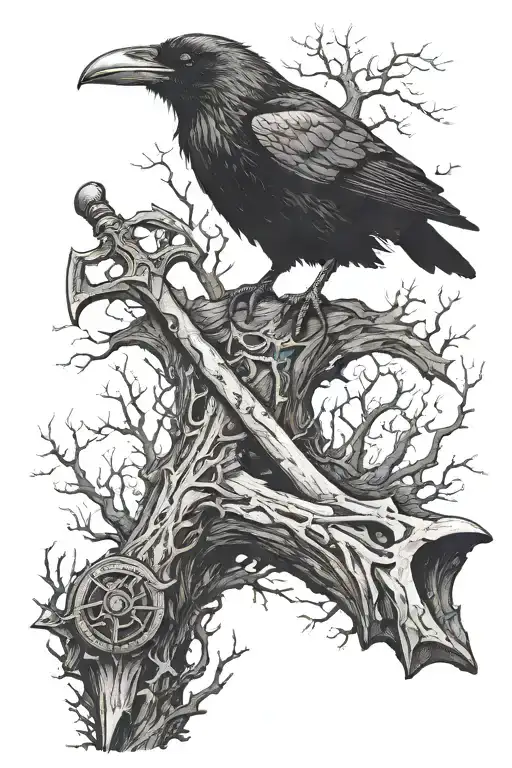 Raven Standing On Gorehowl Axe Stuck In The Ground