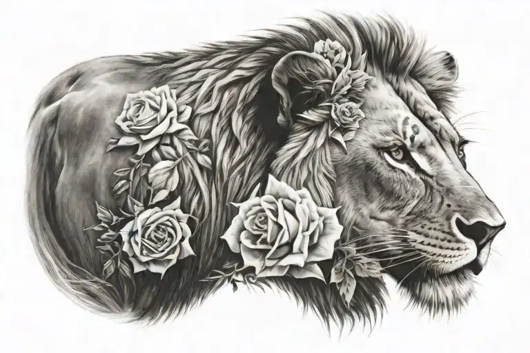 Lion Walking With Head Down And White Rose In Mouth