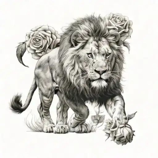 Lion Walking With Head Down And White Rose In Mouth