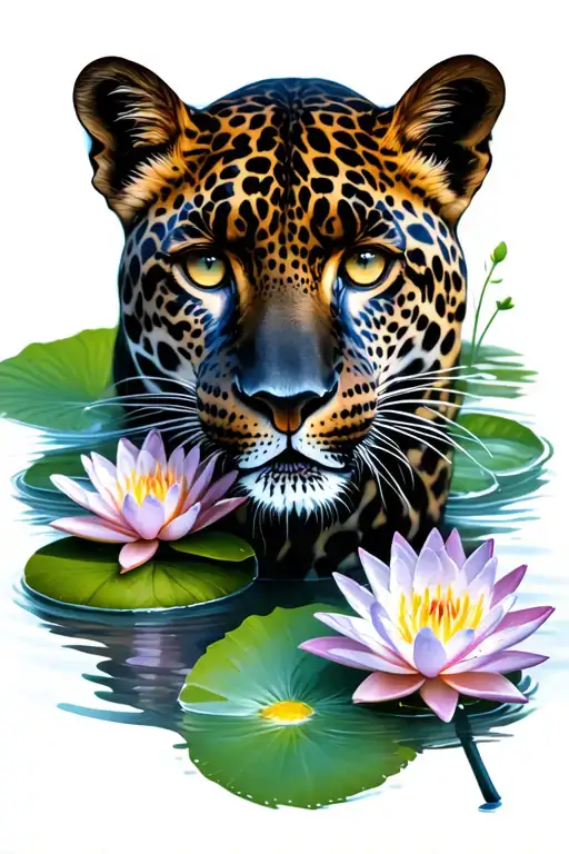 Water Lillies And A Black Leopard Full Body