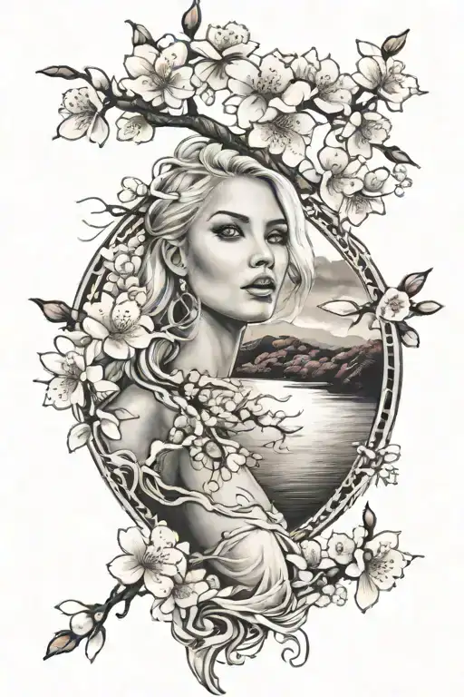 Cherry Blossom Over Blonde Womans Face With River In Background