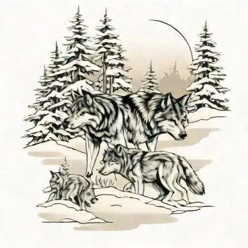 Wolves In The Snow Forest Scene