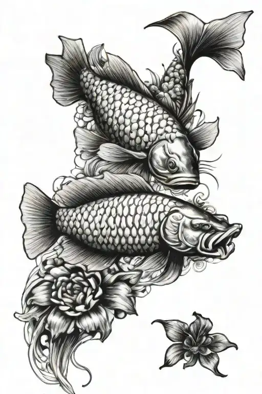 Blood Red Arowana Fish And Butterfly Koi Fish With Flowers