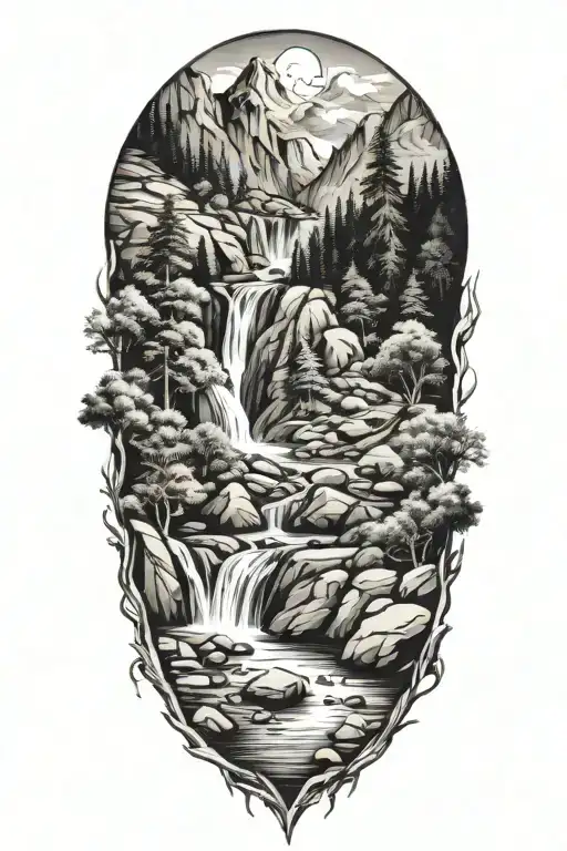 Large Mountains With Trees And Stream Flowing