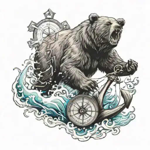 Bear Roaring In The Sea With A Compass And Anchor By The Side Of The Bear