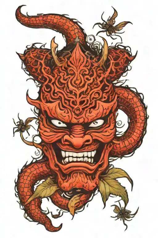 Japanese Oni Mask With Spider Lillies Growing Around