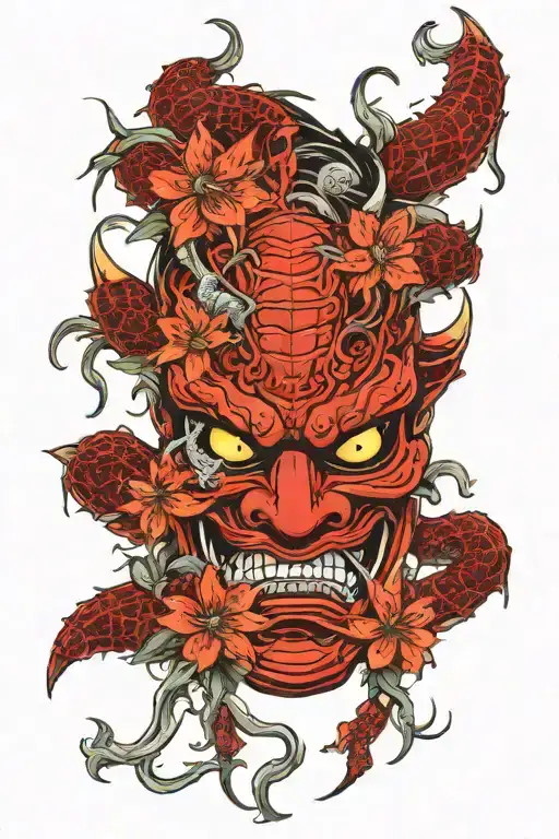 Japanese Oni Mask With Spider Lillies Growing Around