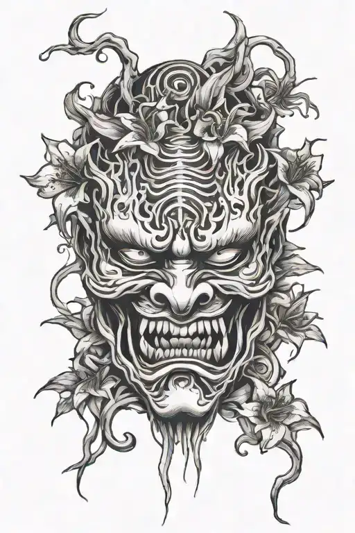 Japanese Oni Mask With Spider Lillies Growing Around With Suminagashi