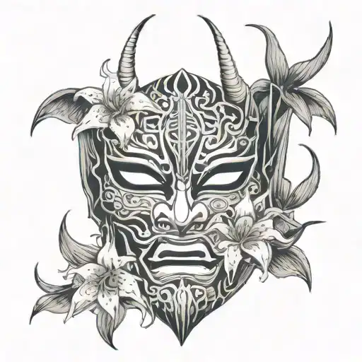 Japanese Oni Mask Featuring Long Stem Spider Lillies Growing Around