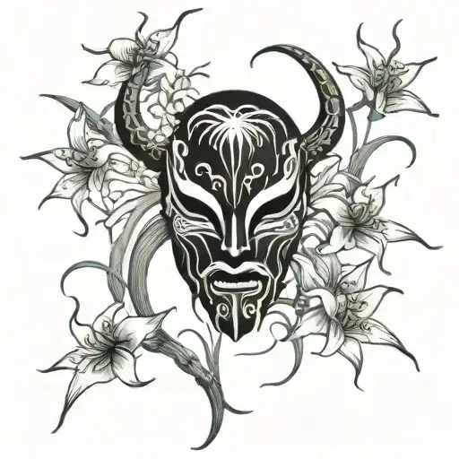 Japanese Oni Mask Featuring Long Stem Spider Lillies Growing Around