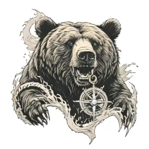 Bear Roaring By The Sea Waves With A Compass And Anchor Next To The Bear Roaring