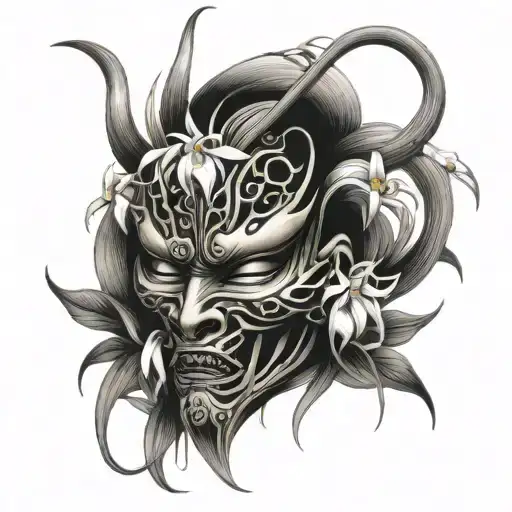 Japanese Oni Mask Featuring Long Stem Spider Lillies Growing Around