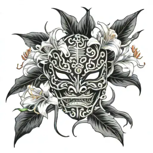 Japanese Oni Mask Featuring Long Stem Spider Lillies Growing Around