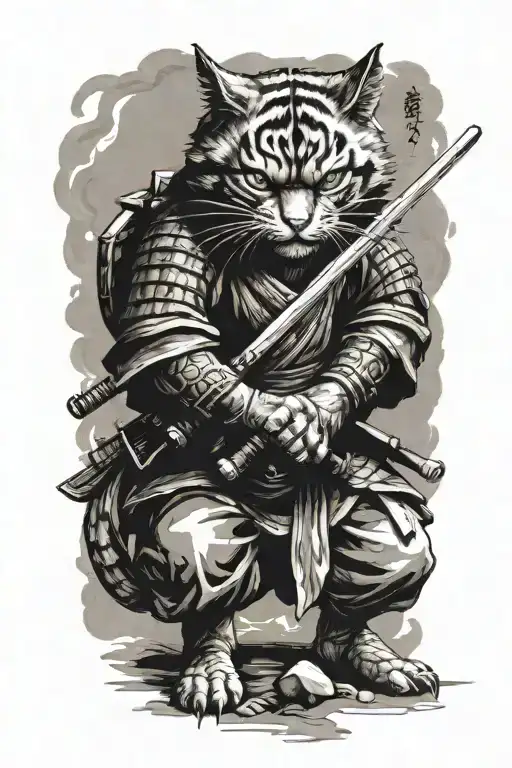Samurai Cat Warrior In Crouched Fighting Stance