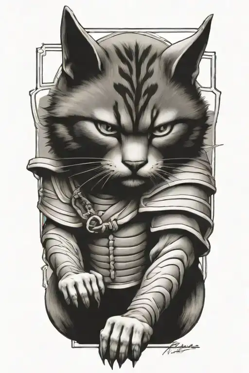 Gray Samurai Cat Warrior In Crouched Fighting Stance
