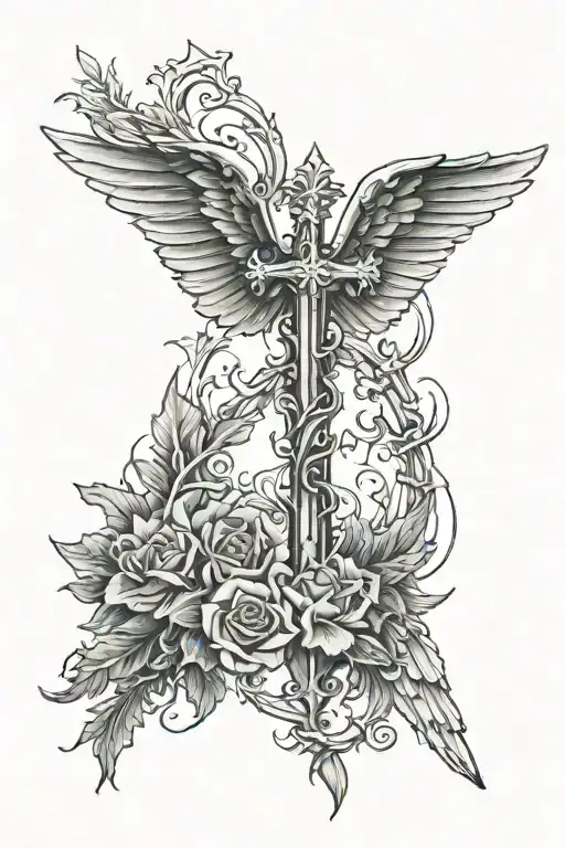 Cross With Angle Wing With A Thorn Crown On It