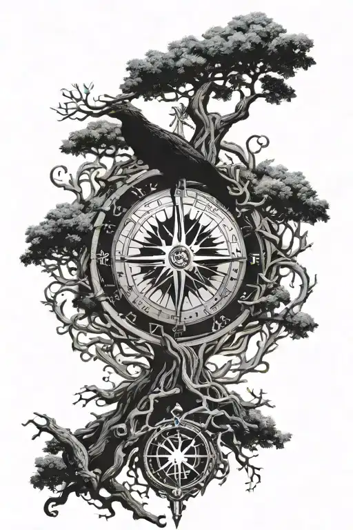 Yggdrasil With An Icelandic Viking Compass In The Stem And Huginn & Munin Sitting In The Tree Top