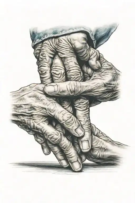 Child's Hand Holding Grandmother's Hand And A Small Table In The Background