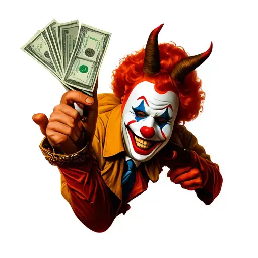 Clown With Ski Mask On And A Handful Of Money Smiling Devilishly