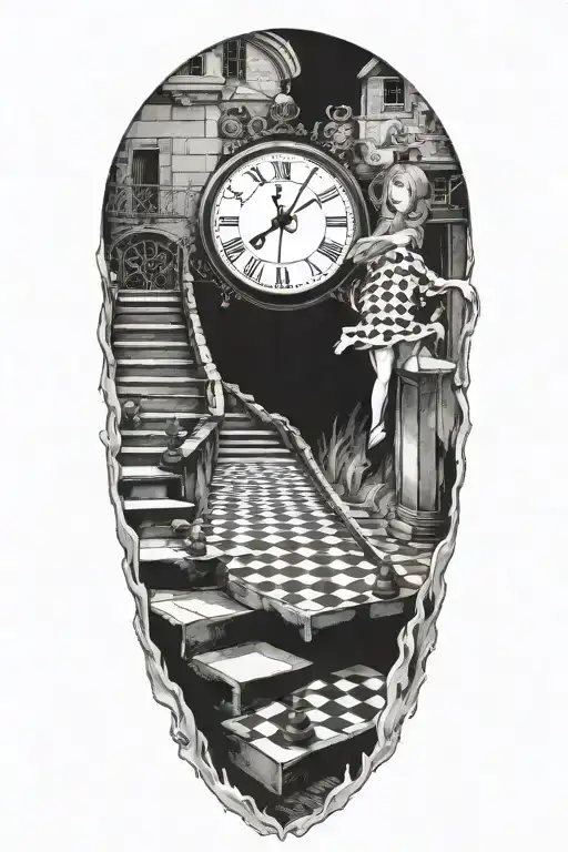 Scary Womam Running Up Stairs To A Clock On A Chess Board