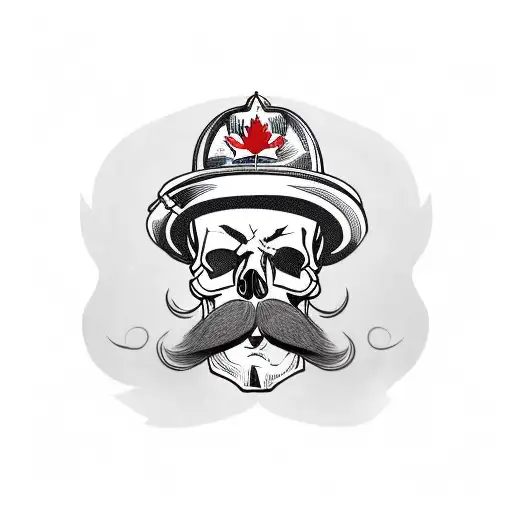 Skull With Mustache Wearing Traditional Fire Helmet With A Canadian Maple Leaf In The Background